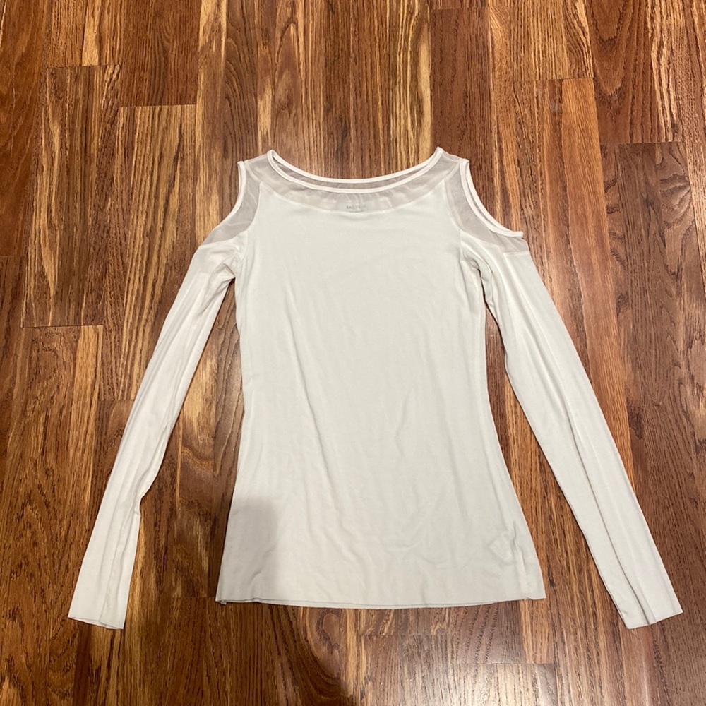White cut out shoulder long sleeve shirt